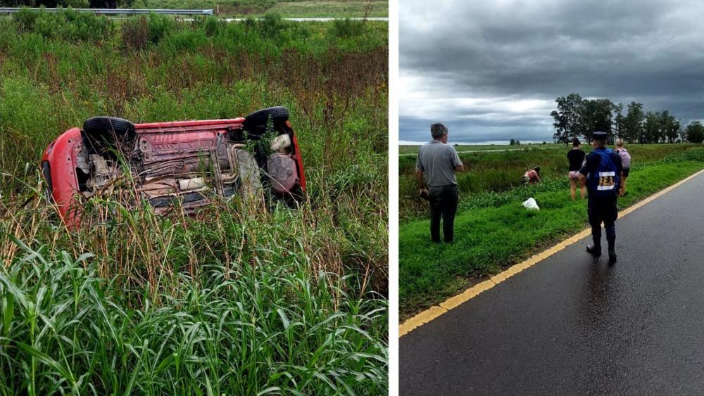 Un auto se despistó por un espejo de agua y volcó en la ruta 18