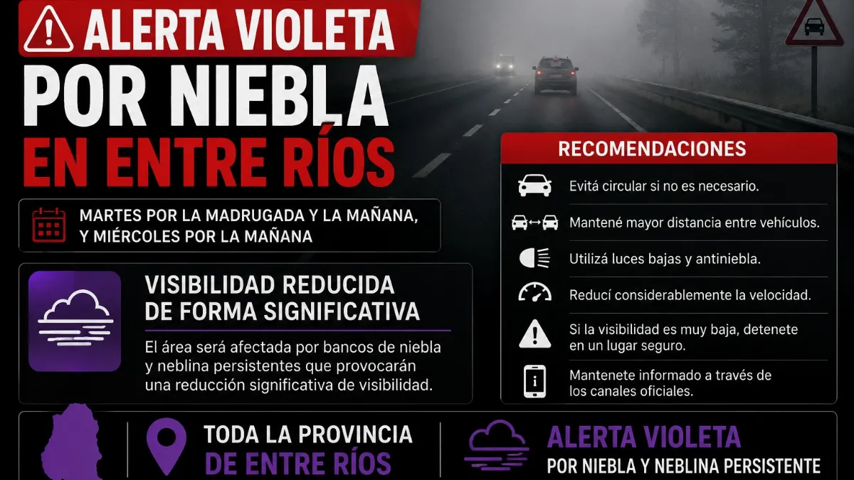 Advertencia violeta por niebla para este martes y miércoles en la provincia