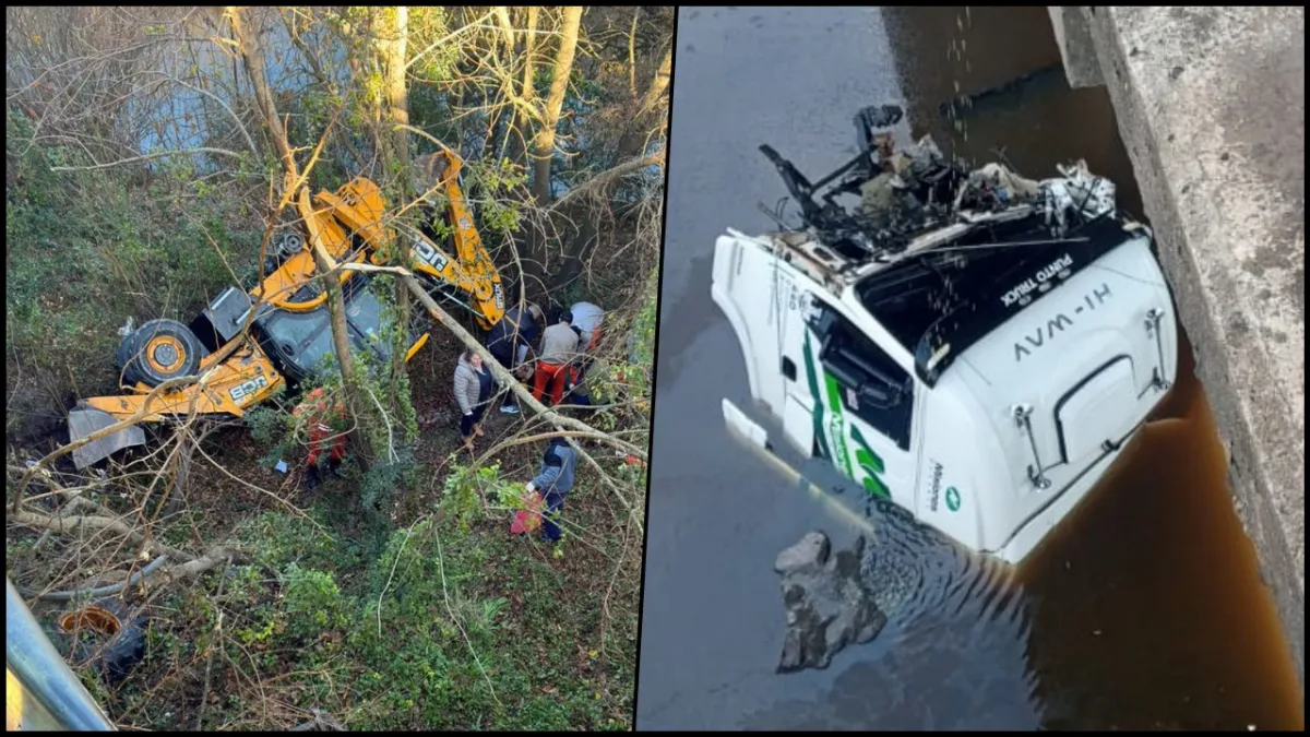 Una retroexcavadora cayó desde un puente y un camión perdió su cabina tras un choque en la ruta 14